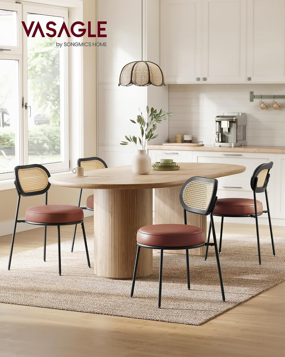 VASAGLE Dining Chairs, Set of 2, PE Rattan Back, Synthetic Leather
