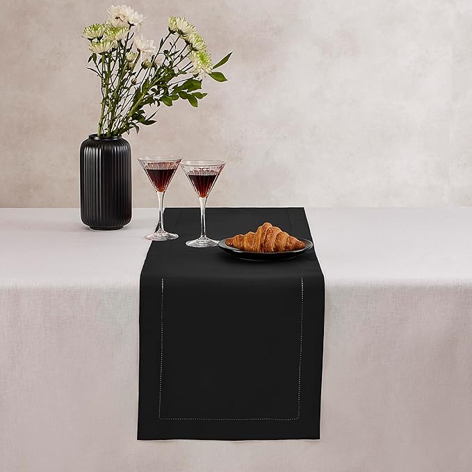 Black Table Runner 90 Inch–Cotton Linen Hemstitch Farmhouse Table Runner 14x9...