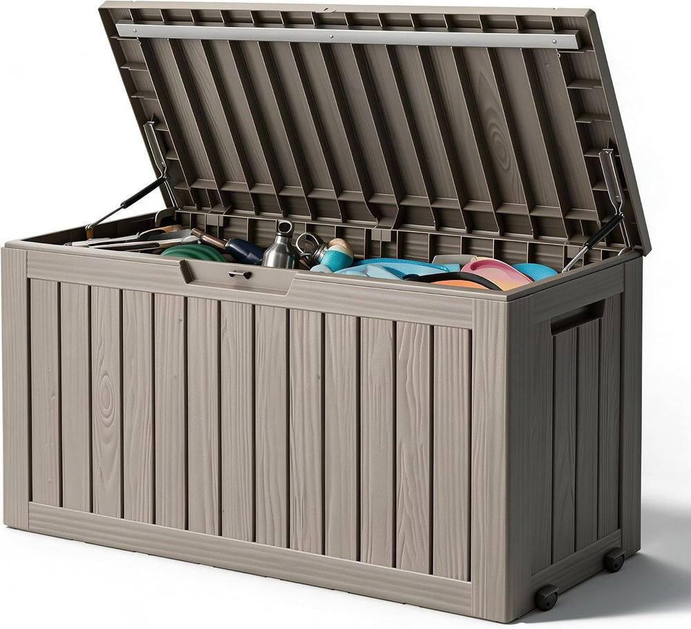 91 Gal Deck Box,Waterproof Resin Outdoor Storage Gas Lift,Lockable Grey
