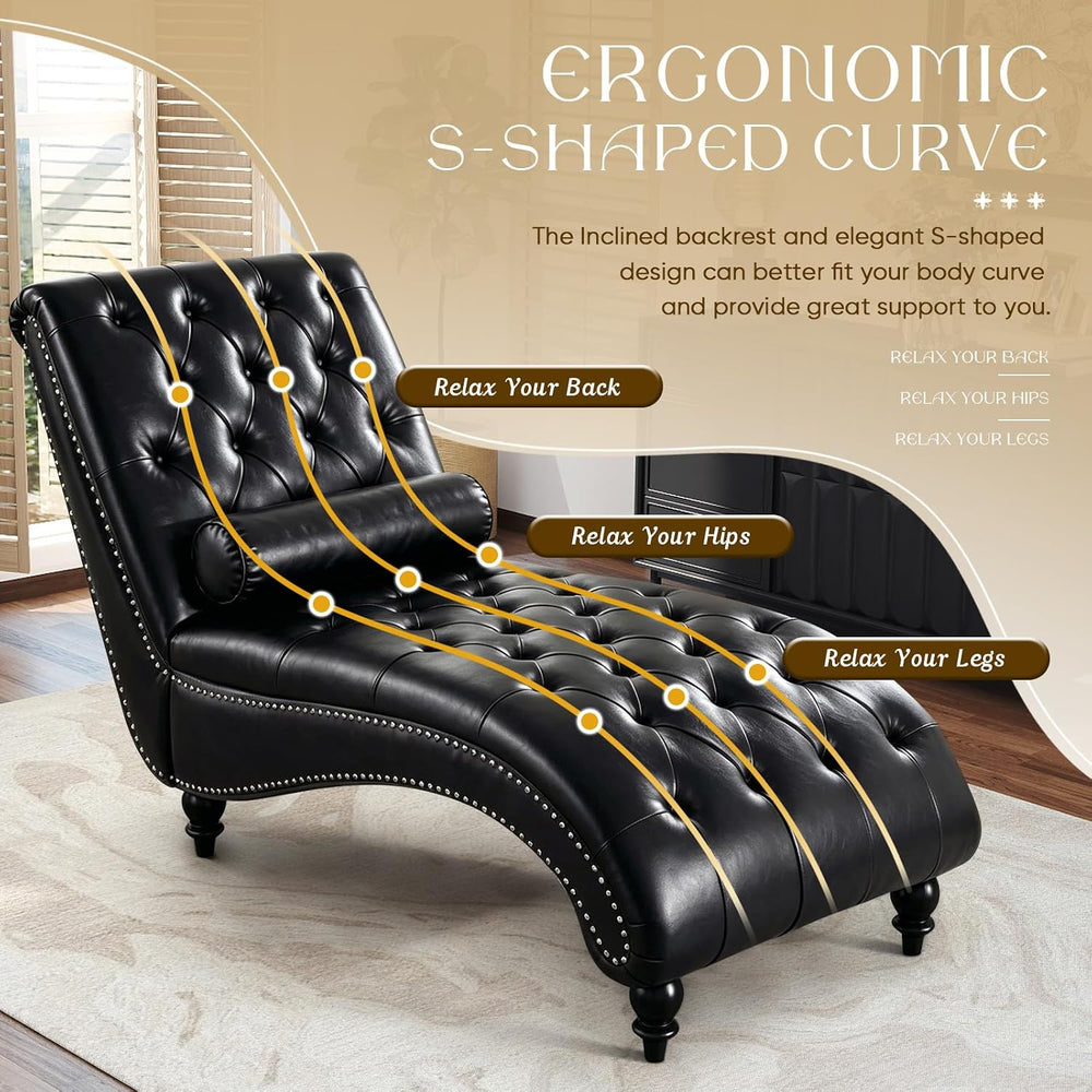 Faux Leather Chaise Lounge Indoor with Toss Pillow, Modern Chaise Lounge Chai...