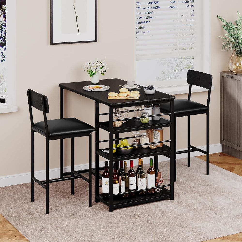 Bar Table and Chair Set with 3 Shelves, 2 Upholstered Stools, Black