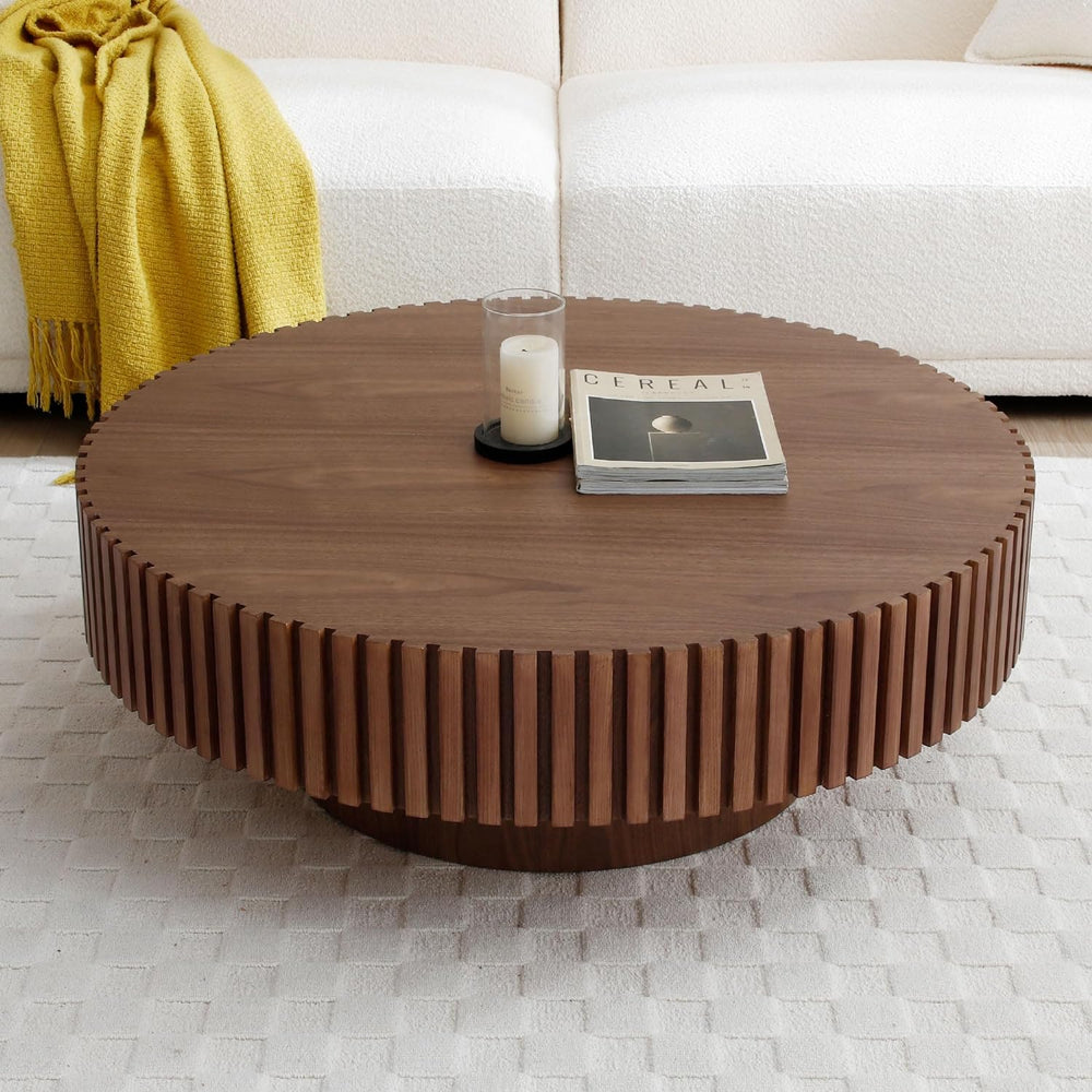 Round Coffee Table with Fluted Design, Walnut