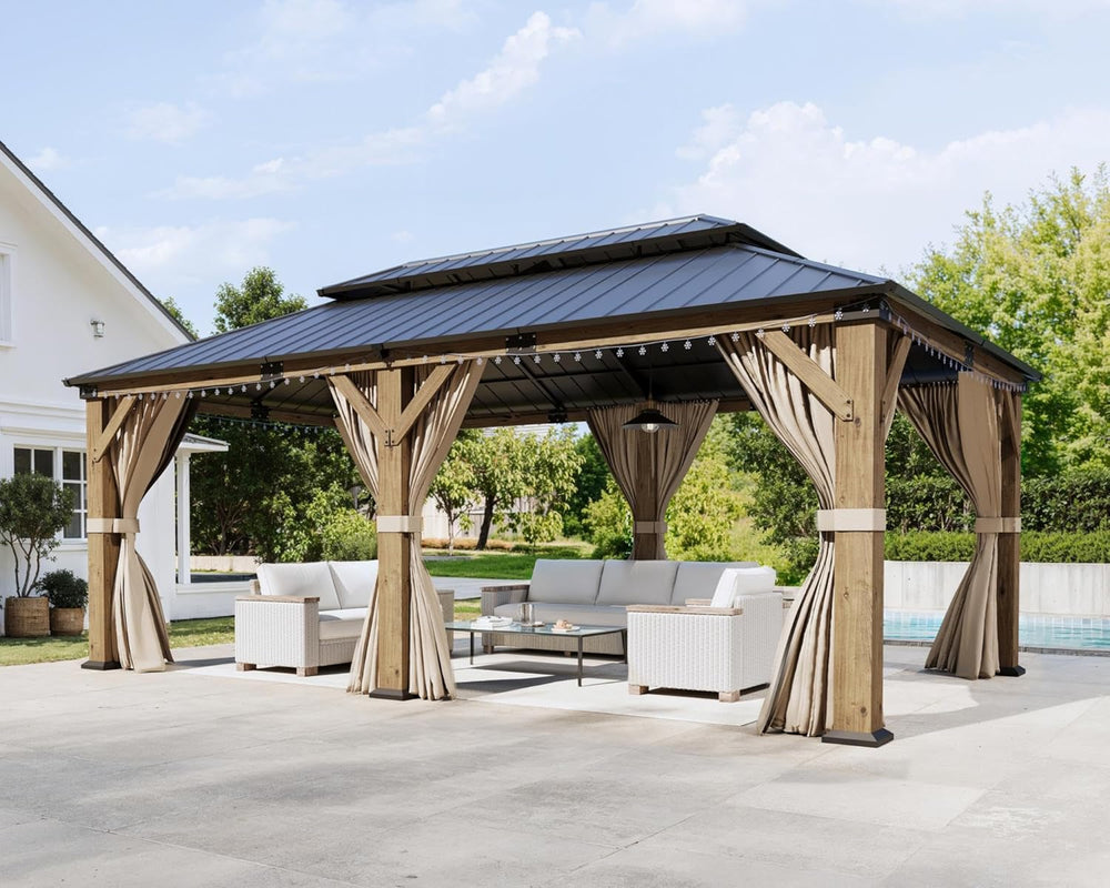 AMERLIFE 12x20FT Hardtop Gazebo with Double Roof, Privacy Curtain & Netting