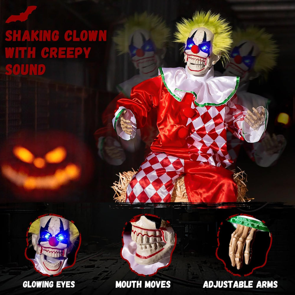 Halloween Animatronic Sitting Clown Decoration–Sound Activated Creepy Clown P...