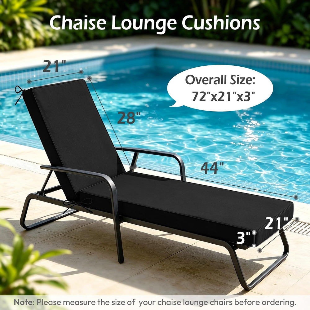 Chaise Lounge Cushions Outdoor Set of 2, 72"x21"x3", Black