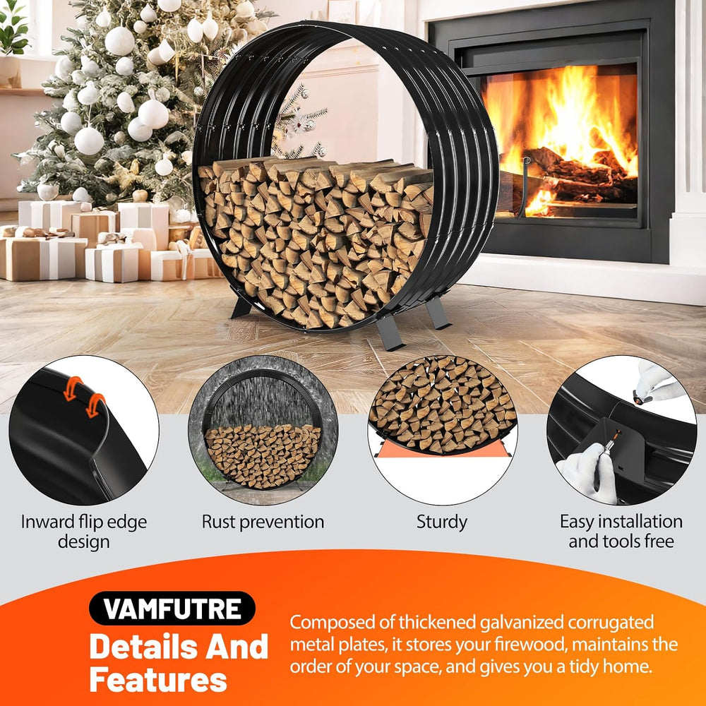 40" Round Metal Firewood Rack Circle with 4X Metal Support Outdoor / Indoor