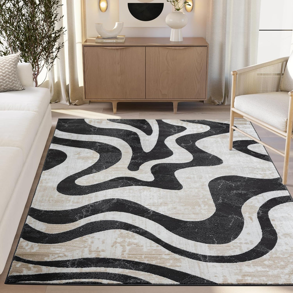 Beige Black Swirl Modern Area Rug – 9' x 12' – Contemporary Abstract ...