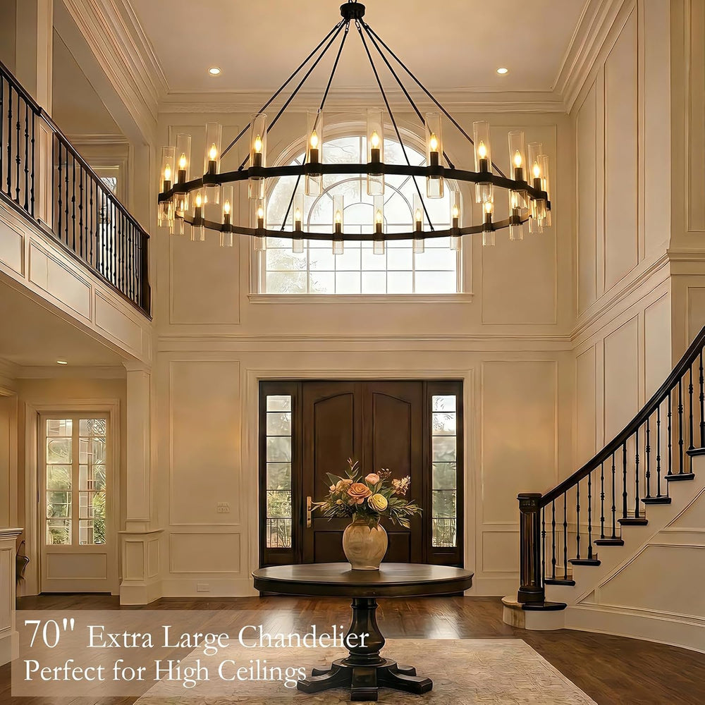 70" Black Wagon Wheel Chandelier, 24-Light Large Farmhouse Chandeliers f...