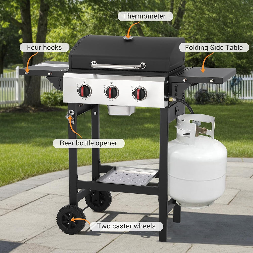 3-Burner Propane Gas Grill with Folding Side Tables