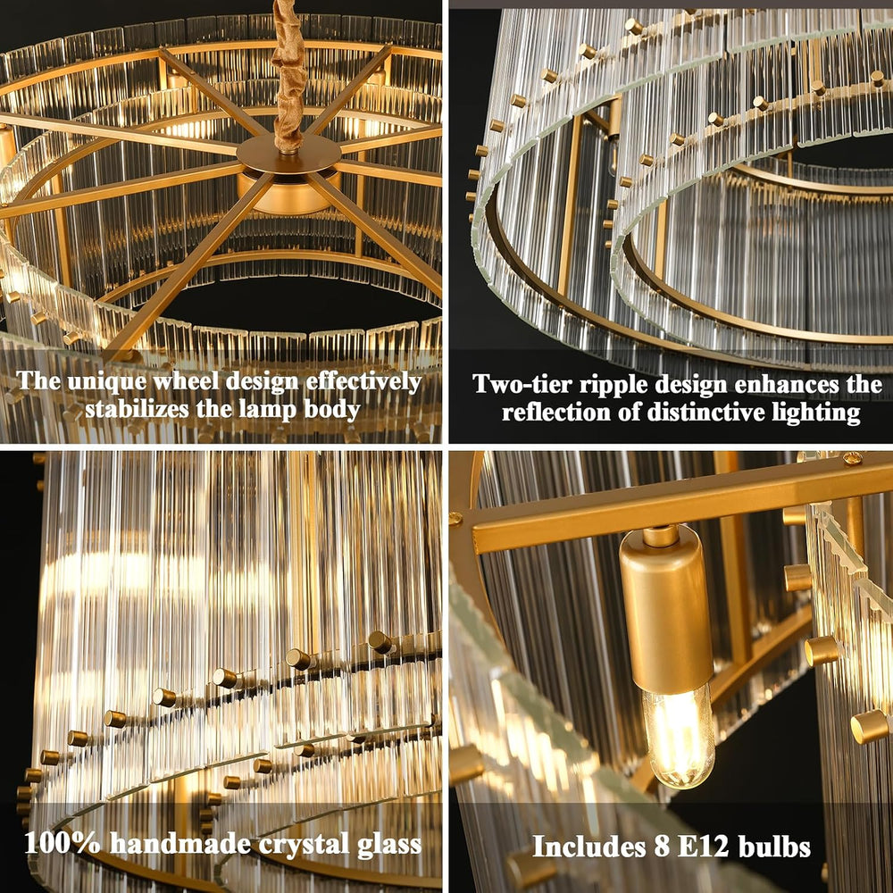 37" Modern Gold Round Chandelier,2-Tier 8-Light Water Ripple Crystal Gla...