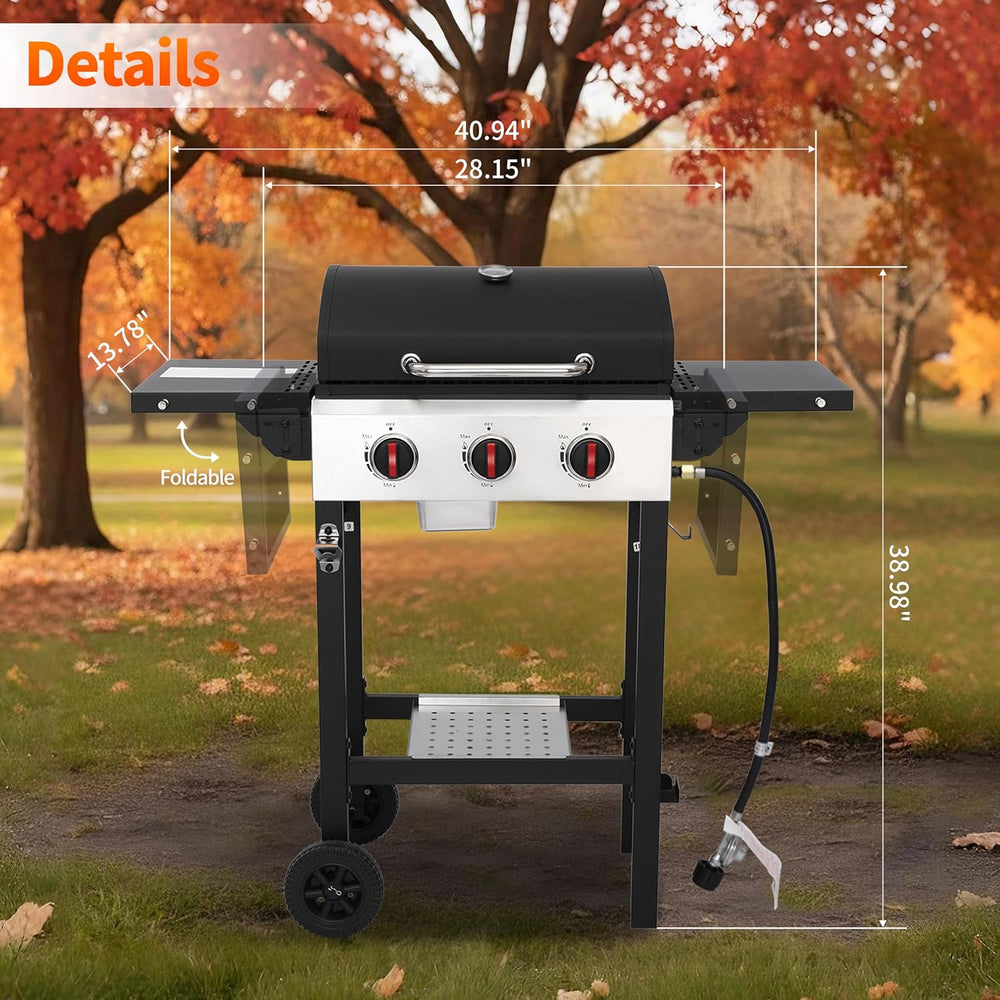 3-Burner Propane Gas Grill with Cast Iron Grates, 38200 BTU output,Foldable S...