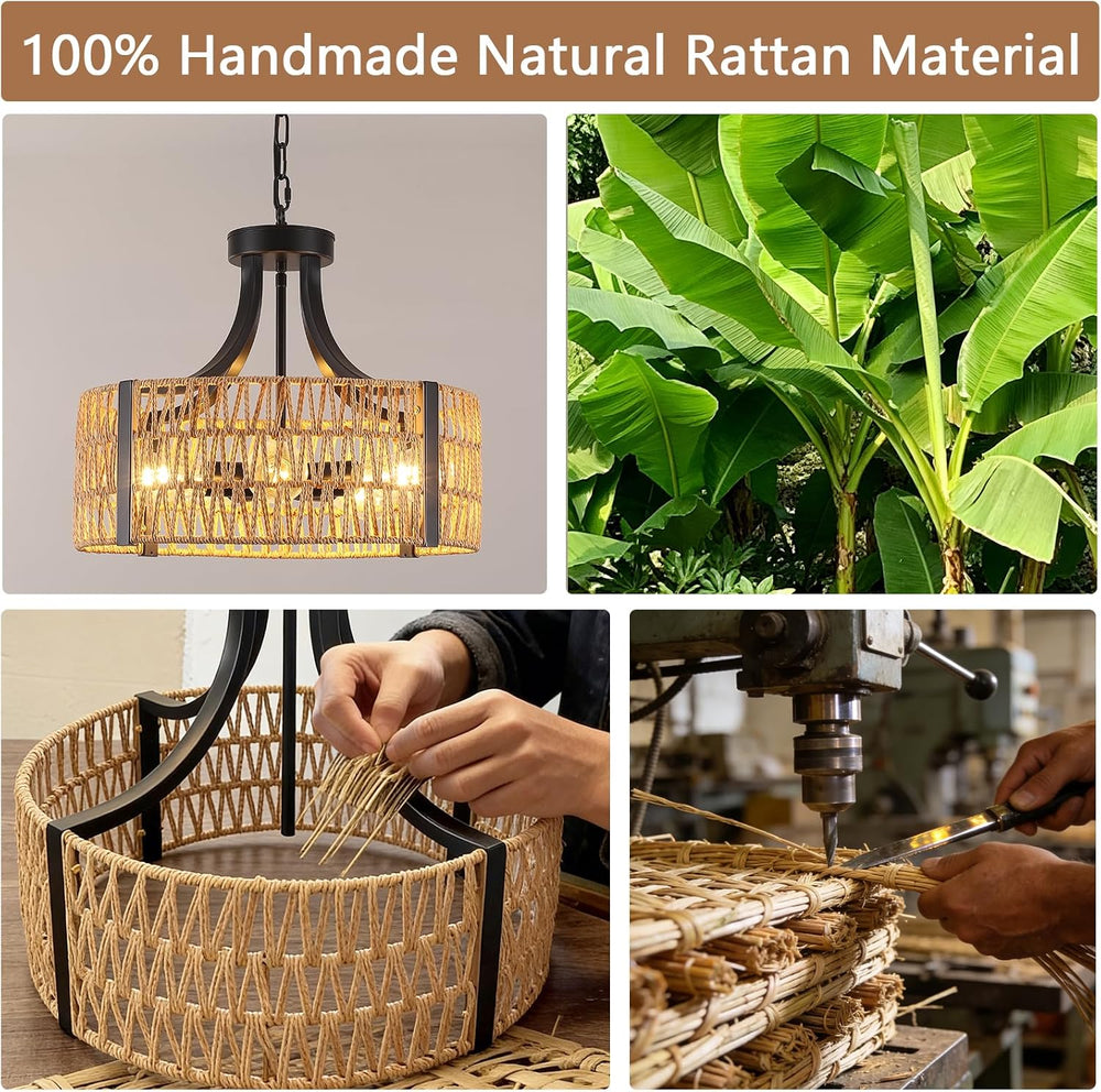 Farmhouse Chandeliers for Dining Room, 5-Light 17.7”Rattan Light Fixture with...
