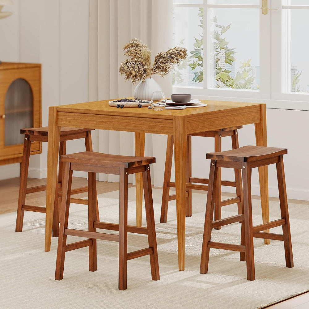 COSTWAY 24-inch Solid Wood Saddle Stools Set of 4 with Footrests, Walnut