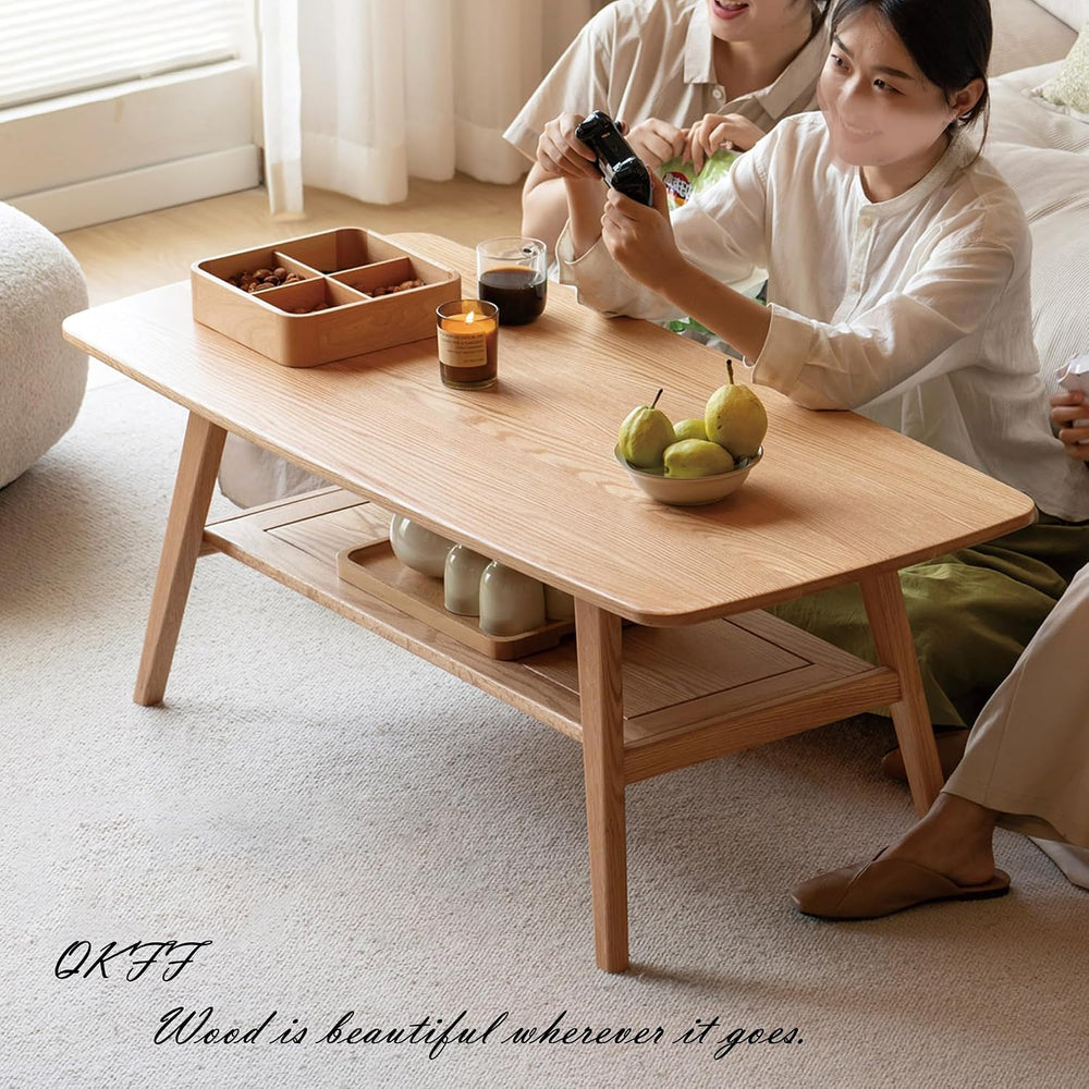 Modern Solid Oak Wood Coffee Table, 2-Tier Small Wooden Coffee Table with Sto...