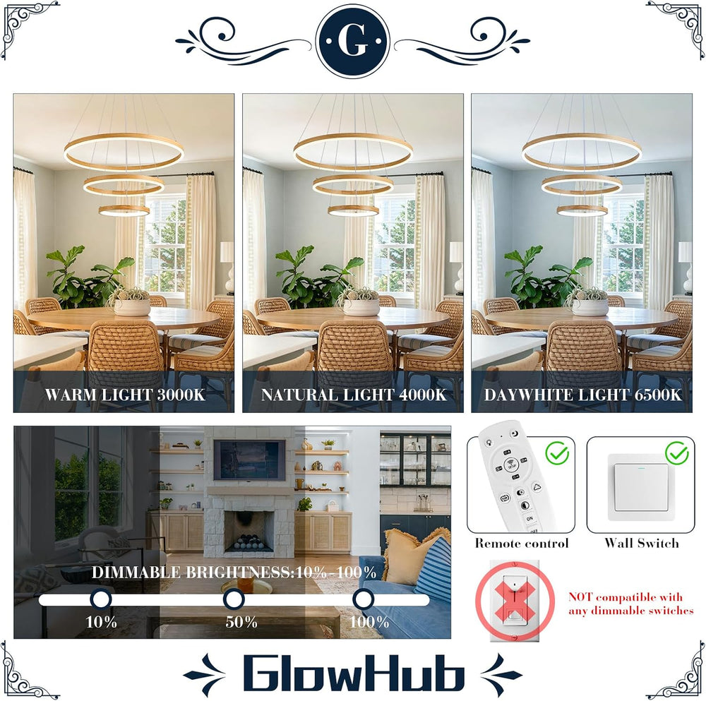Modern LED Chandelier 24" Circular Pendant Light 3-Ring with Wood Grain ...