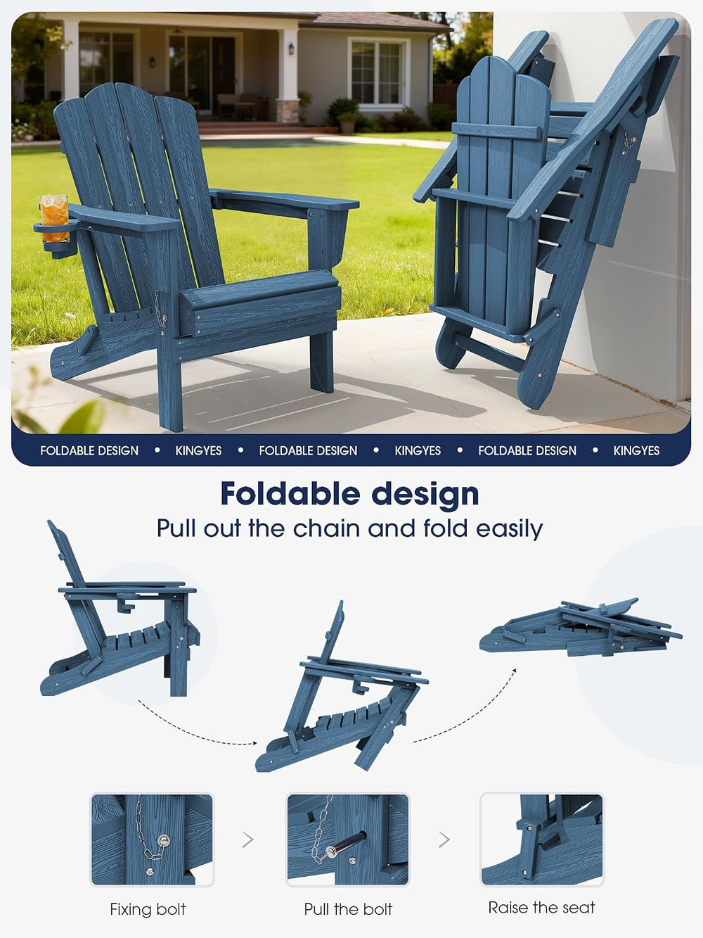 KINGYES Folding Adirondack Chair Set of 6 with Cup Holder, Navy