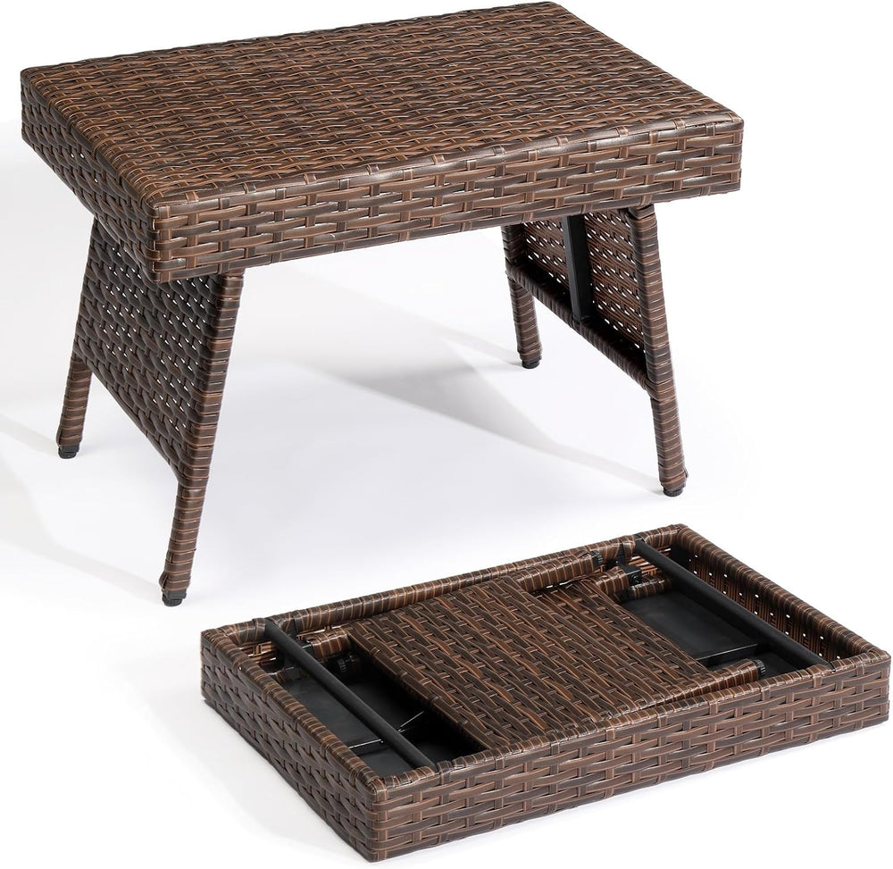 VINGLI Outdoor Folding Rattan Side Table, Portable Wicker End Table for Patio...