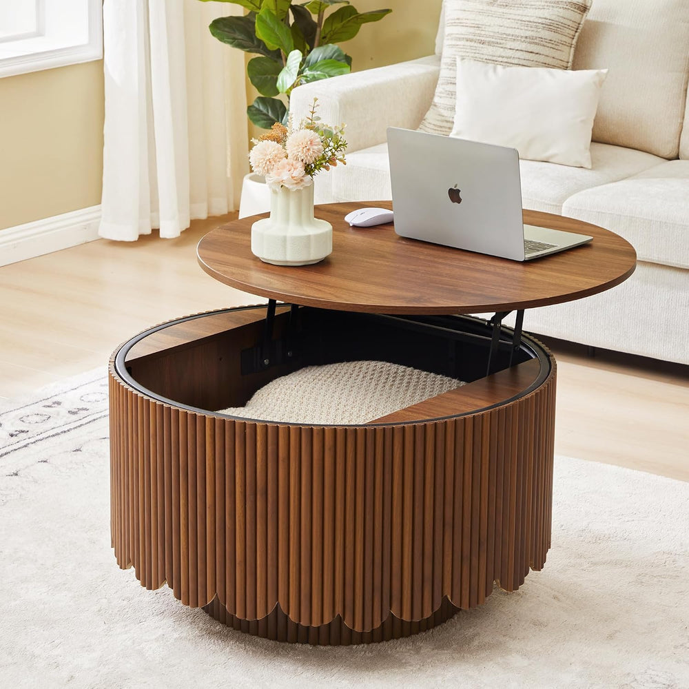 Round Lift Top Coffee Table with Storage, Fluted Circle Coffee Table,Walnut