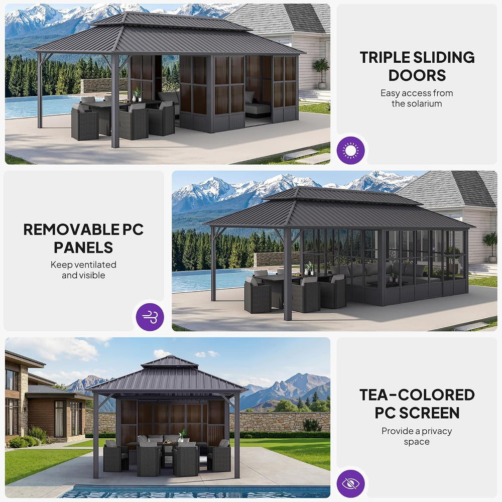 PURPLE LEAF Extended Solarium 12' x 24' 4 Season Screened Gazebo, Grey