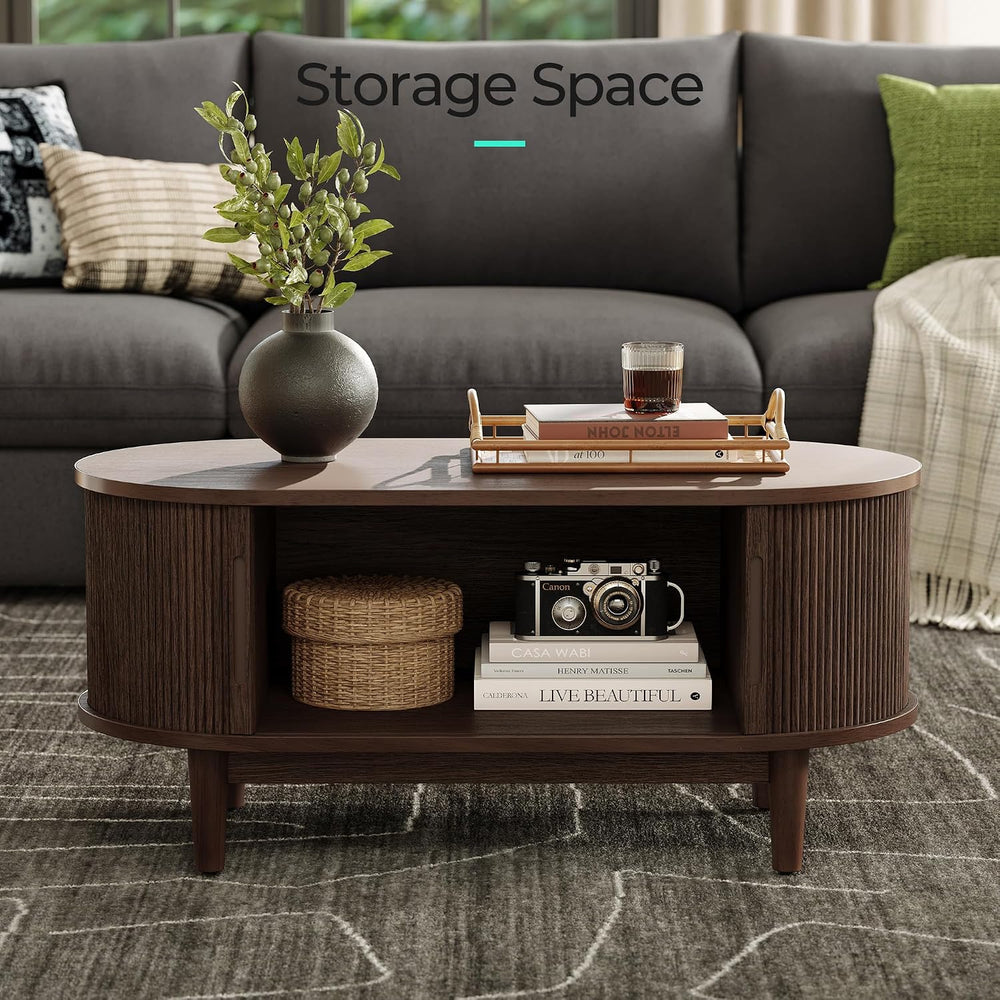LINSY HOME Oval Coffee Table, Wood Coffee Table with Storage, Fluted Accent C...