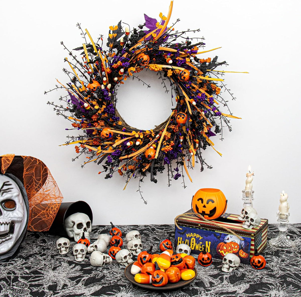 J'FLORU Black Halloween Wreath 22 Inch Artificial Halloween Wreaths for Front Door Black Wreath with Pumpkin Heads Candies Berries for Party Porch Farmhouse Indoor Outdoor