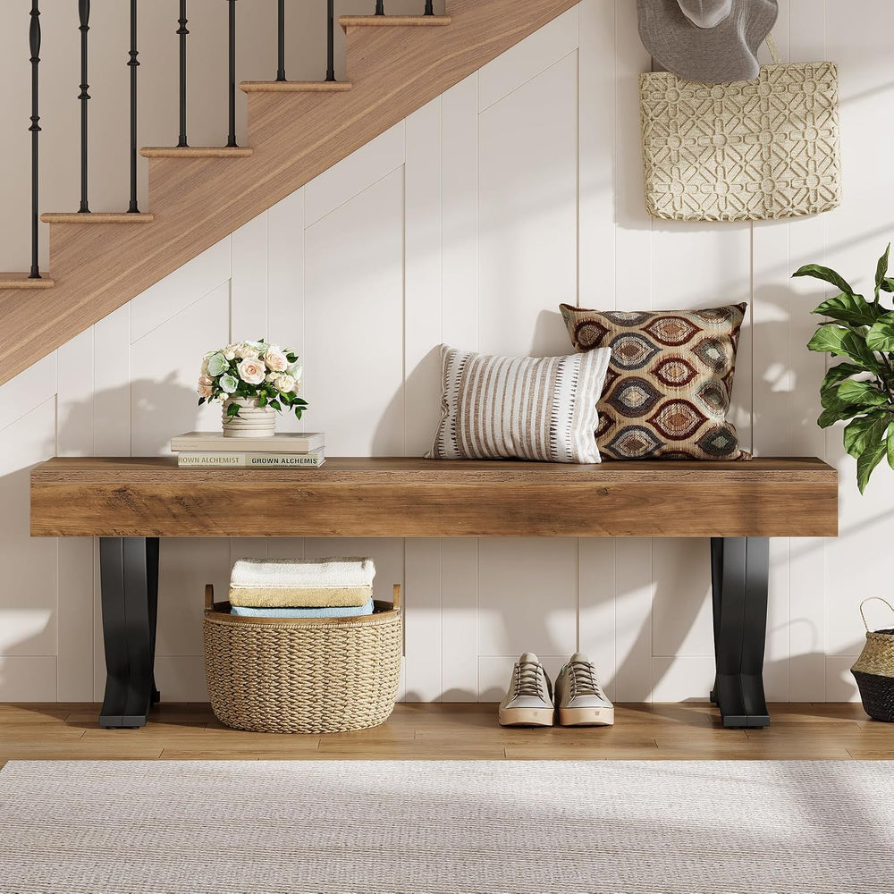 Tribesigns Entryway Shoe Bench, 55-Inch Wooden Shoe Bench with Metal X-Shaped...