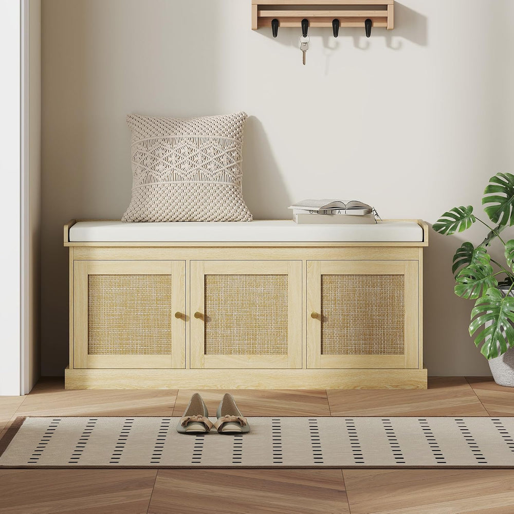 HOMCOM Shoe Bench Storage Rattan Doors 13.8 x 41.3 x 18.5 Inches Oak Tone