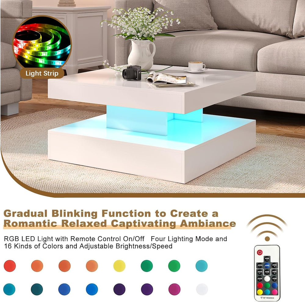 HedoAjim White LED Coffee Table for Living Room, 2-Tier Square Center Table L...