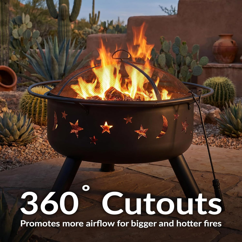 Sunnydaze Cosmic 30" Outdoor Wood Fire Pit with Grill Grate, Steel, Black
