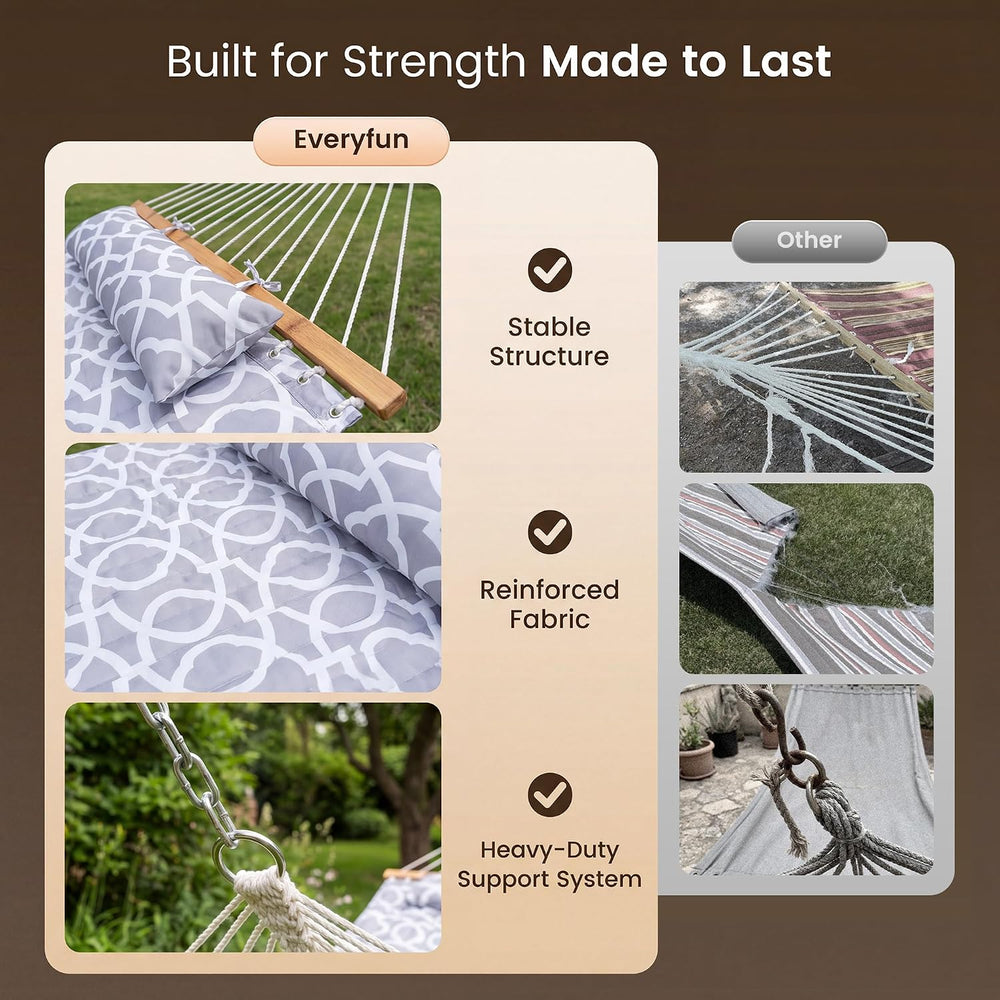 Everyfun 2Person Quilted Hammock with SpreaderBar, 500lbCapacity, WhiteGray