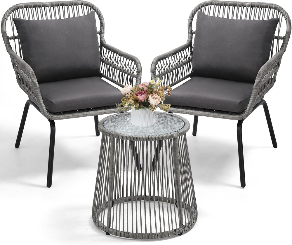 wildformers 3 Pieces Rattan Wicker Bistro Set, Patio Conversation Set, Grey