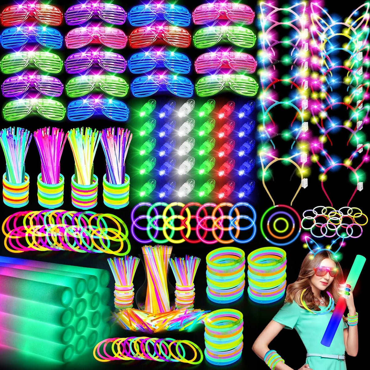 OLUPP 282 PCS Glow in the Dark Party Supplies, 18 Foam Sticks, 18 LED Glasses, 200 Glow Sticks, 30 Finger Lights, 8 Bunny Ear Headband and 8 LED Cat Ear Headband for Birthday,Halloween,New Year