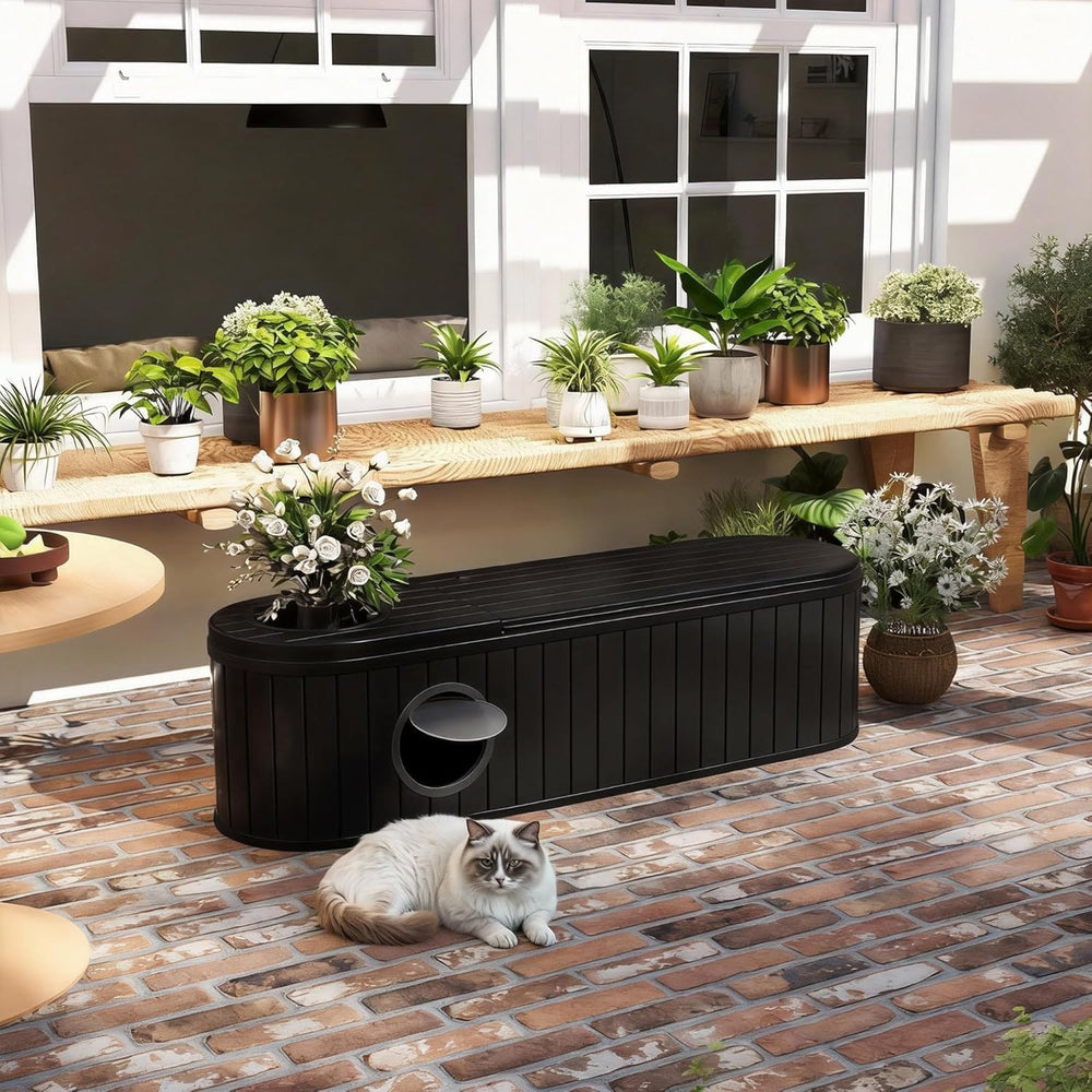 60 Gallon Storage Bench Deck Box Resin Patio Furniture with Armrest, Waterpro...