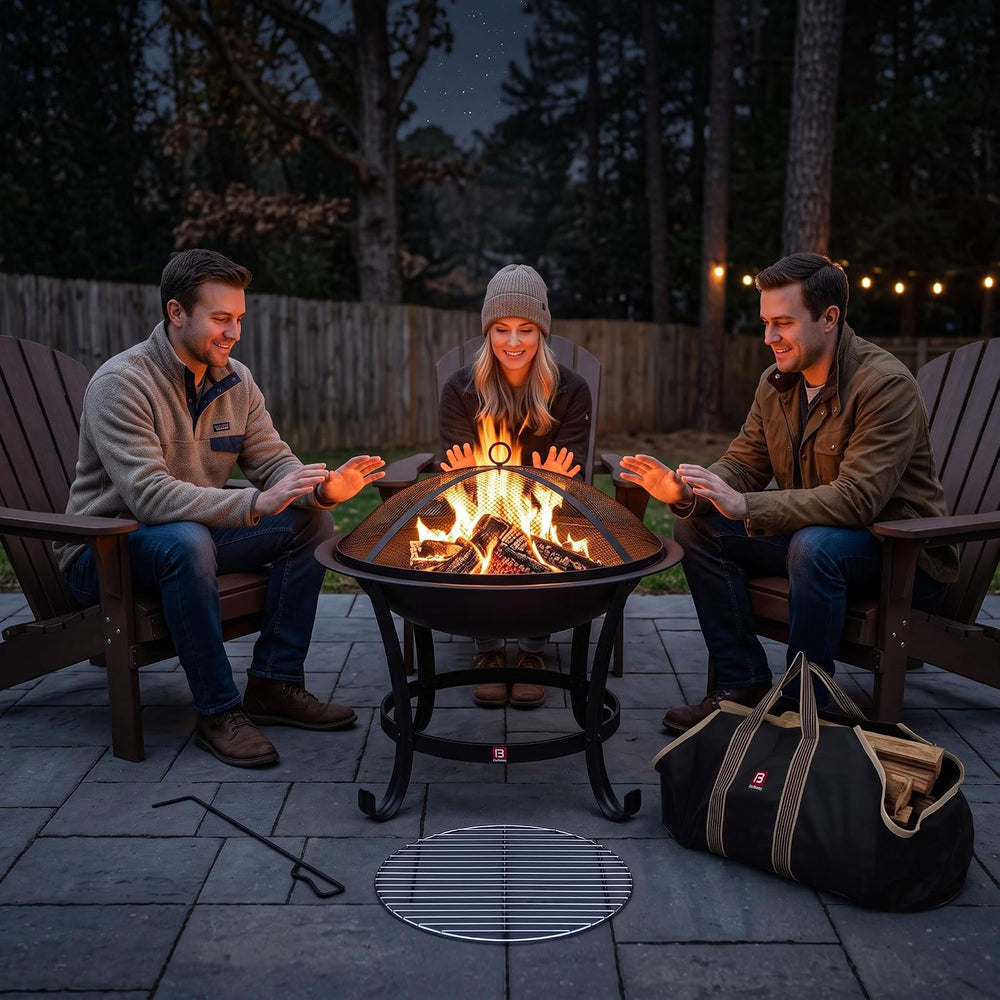 Fire Beauty 22" Fire Pit with 2-in-1 BBQ Grill, Spark Screen & Tote Bag