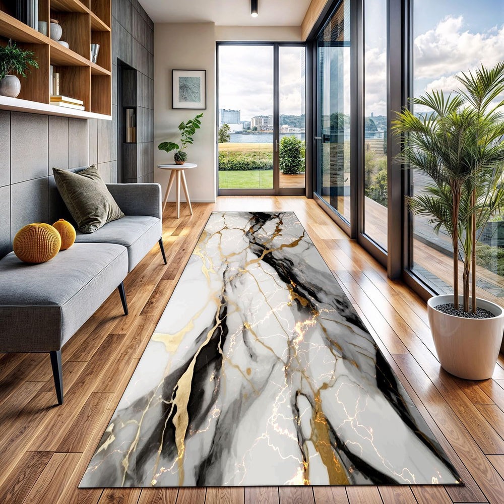 White Marble Runner Rug,2x6ft, Black Gray Gold Texture Design Long Kitchen Ma...