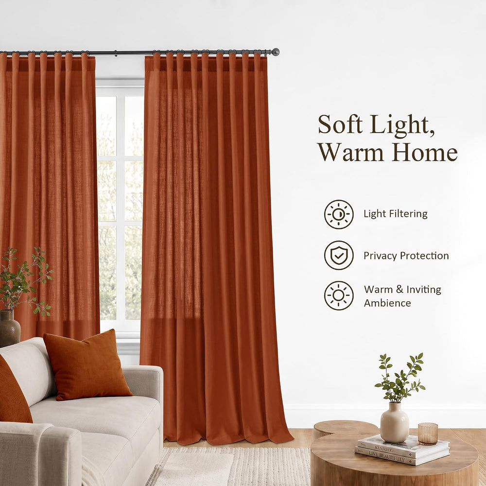 Jowels Terracotta Linen Curtains 102 Inches Long 2 Panels for Living Room