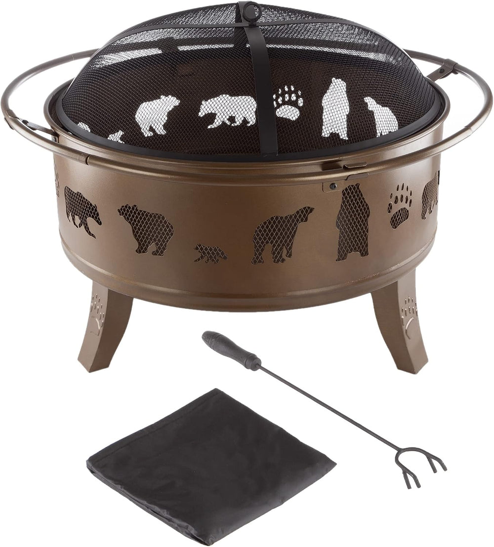 Pure Garden 50-LG1202 32” Outdoor Deep Fire Pit-Round Large Steel Bowl with B...