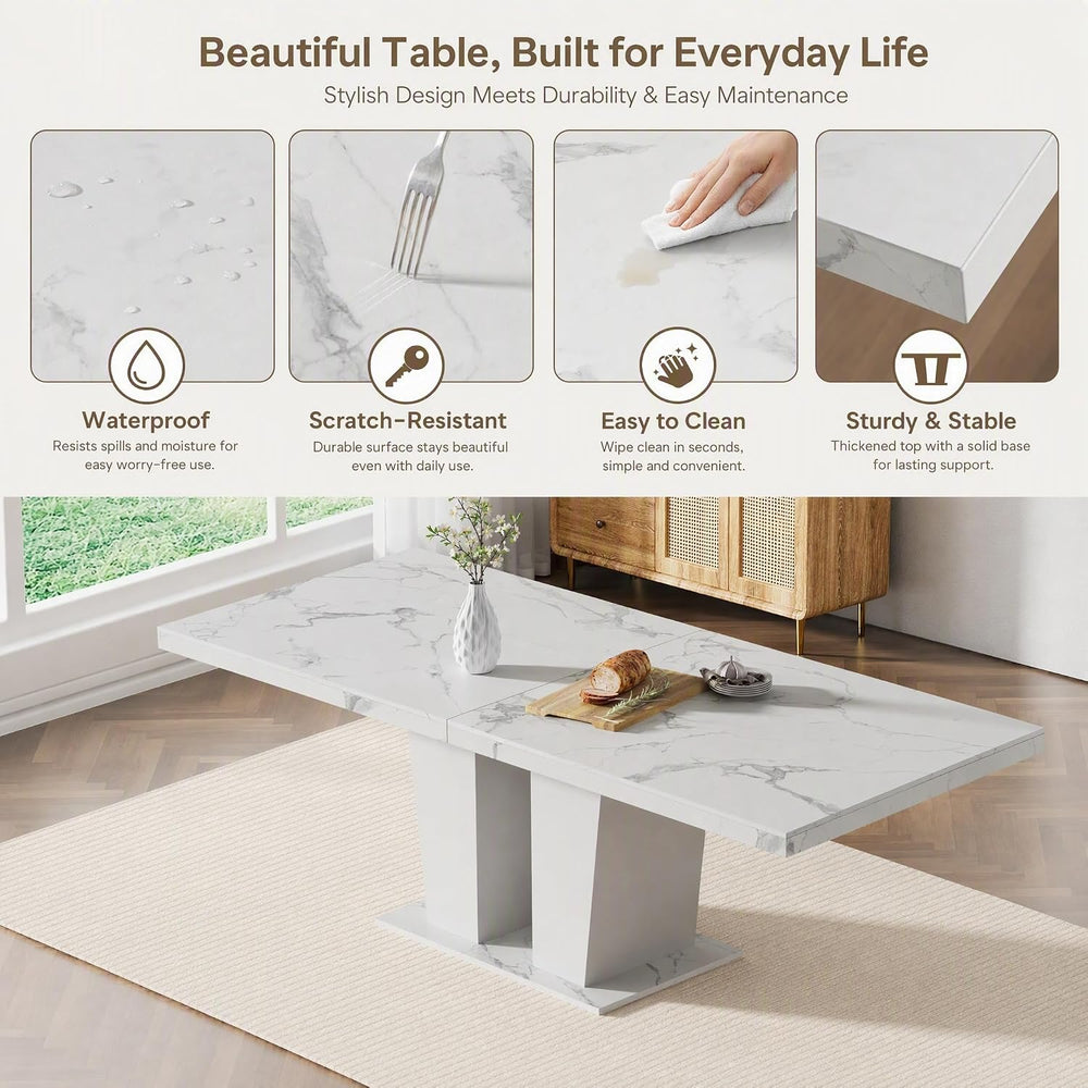 HomVent White Faux Marble Expandable Dining Table Set for 6