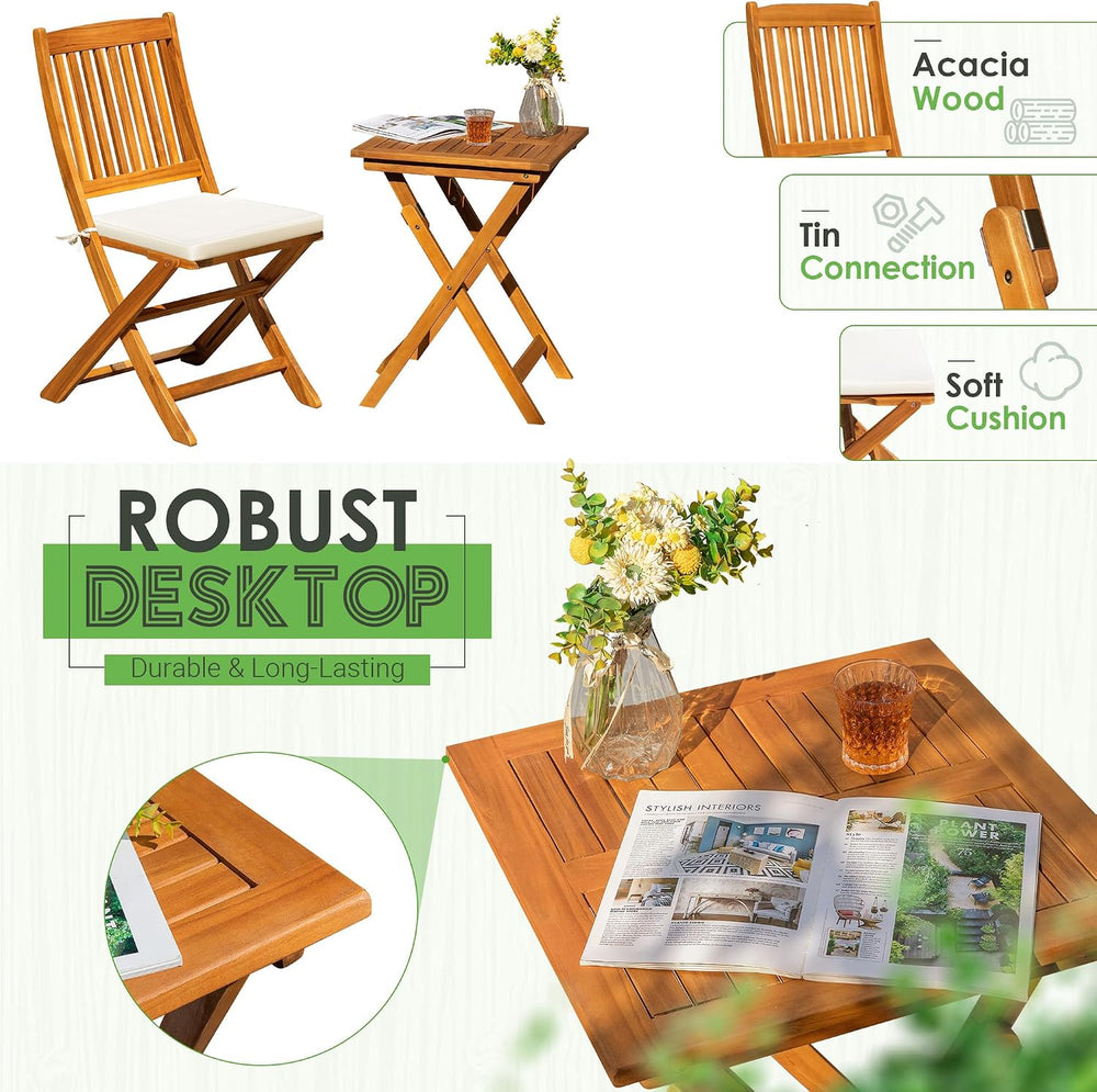 Greesum 3 Piece Patio Folding Furniture Bistro Set with 2 Cushions for Pool B...
