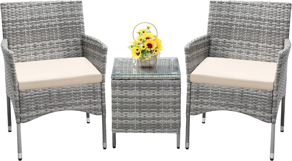 Devoko 3 Piece Patio Furniture Set Outdoor Wicker Conversation (Pale Grey)