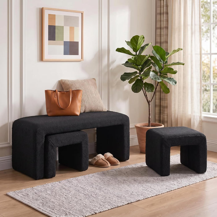 LukeAlon 3-Piece Nesting Ottoman Bench Set, 40.5" Wide Upholstered End of Bed Bench with 2 Small Stools Sherpa Comfy Entry Bench Vanity Bench Stools Modern Arched Bench for Living Room Bedroom, Black
