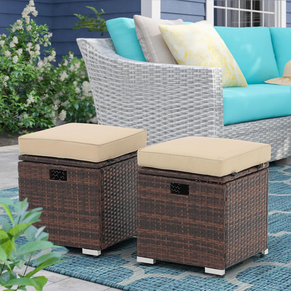Patiorama 2 Piece Outdoor Patio Ottoman with Storage, Wicker, Beige