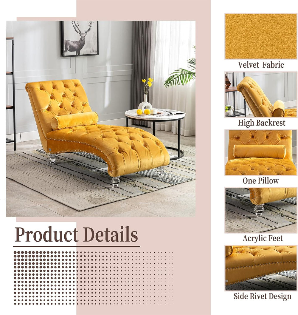 Chaise Lounge Chair Indoor Mustard Velvet Upholstered Button Tufted Chaise Lo...