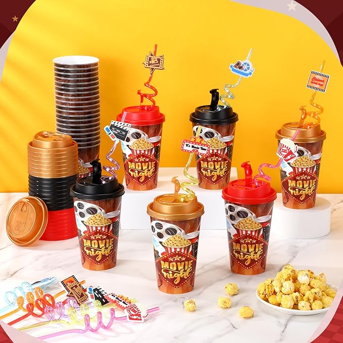 Yungyan 36 Sets Movie Night Party Favors Goodie Cups with Lids and Straws for...