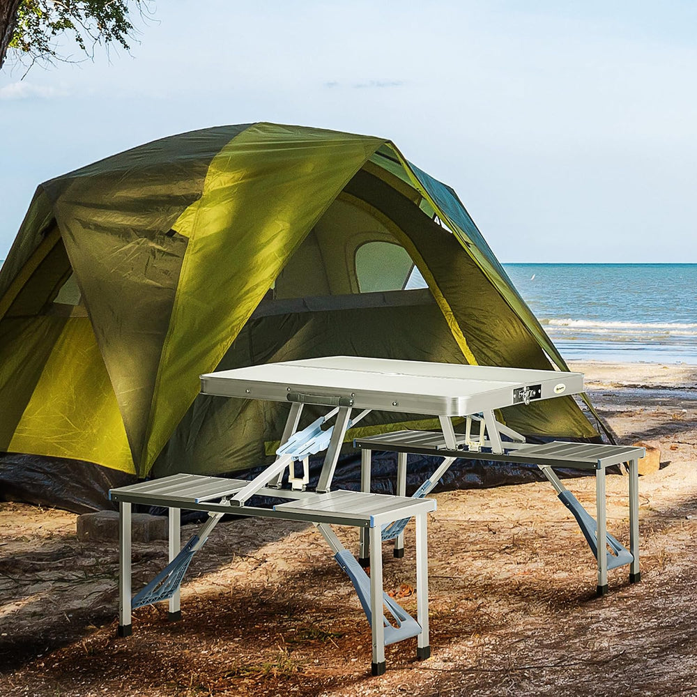 Outsunny Folding Picnic Table with Umbrella Hole, Aluminum Suitcase Portable ...