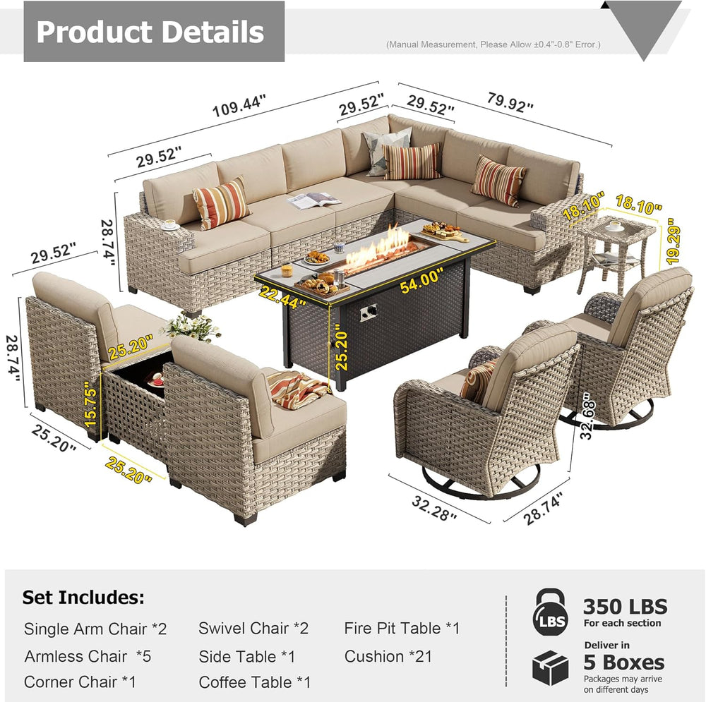 HOOOWOOO Outdoor Sectional Patio Furniture Set with Fire Pit Table,13 Pieces ...