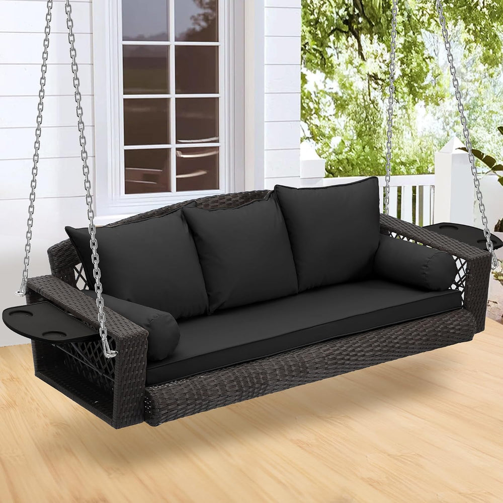 3-Person Hanging Porch Swing, Outdoor Wicker Swing Chair, 76 Inch Bench with ...