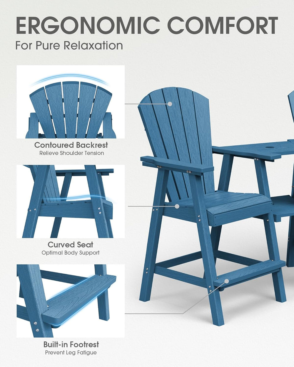 Tall Adirondack Chairs Set of 2 with Table Trays, Navy Blue