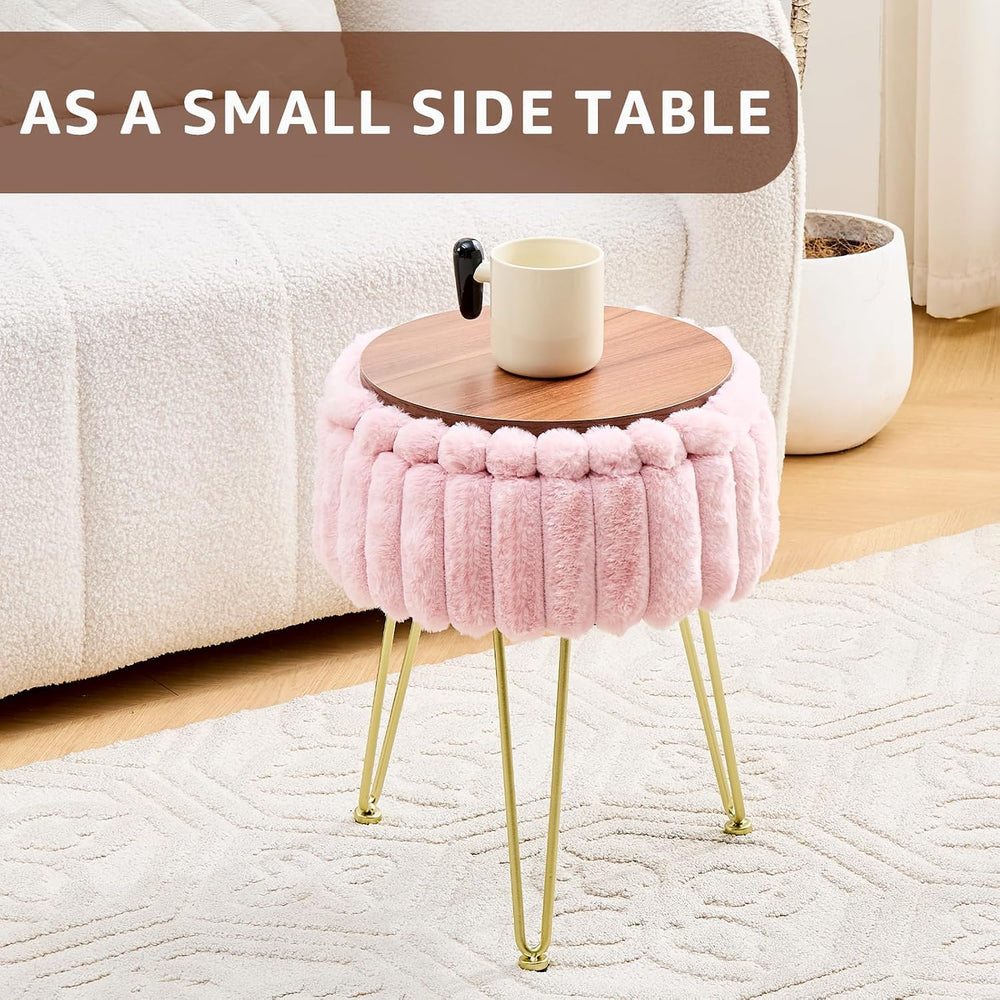 Wimarsbon Vanity Stool with Storage, Faux Fur Ottoman Chair with Metal Legs, ...