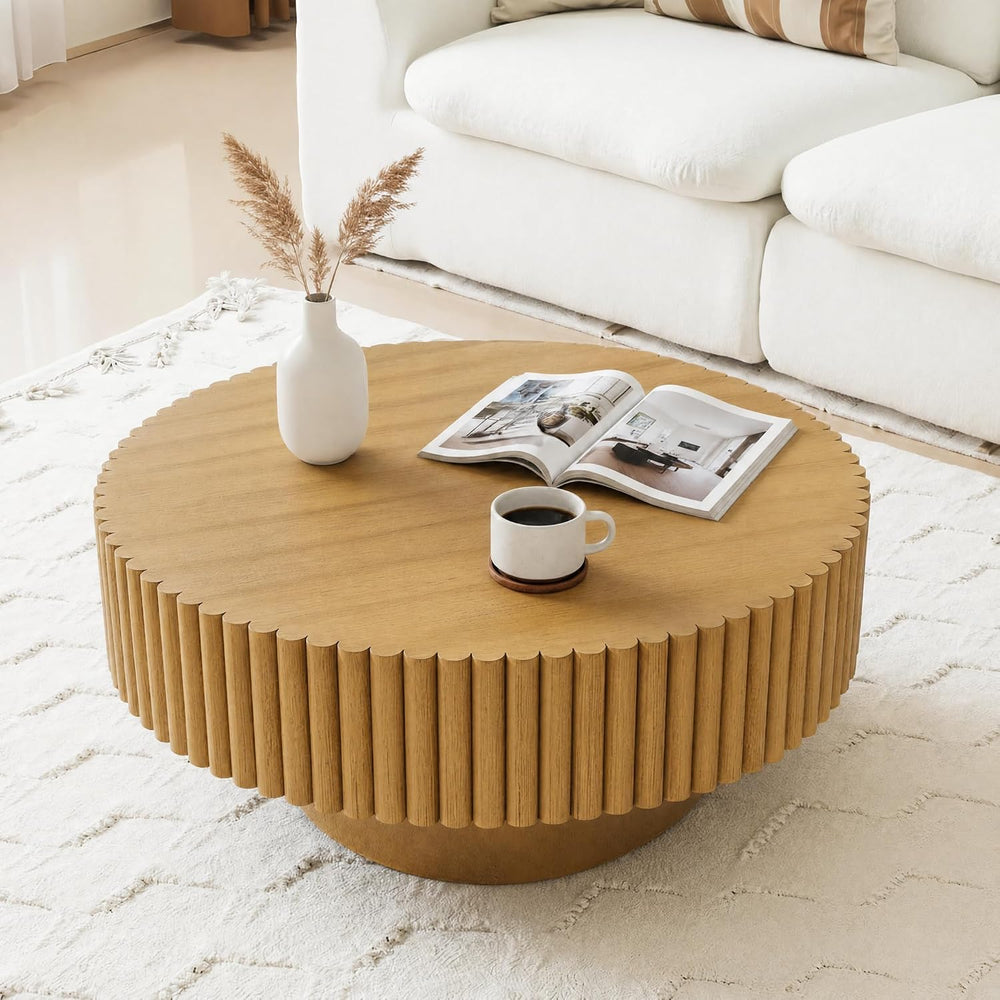Rovibek Fluted Round Coffee Table, 31.5" Modern Wooden Coffee Table with...